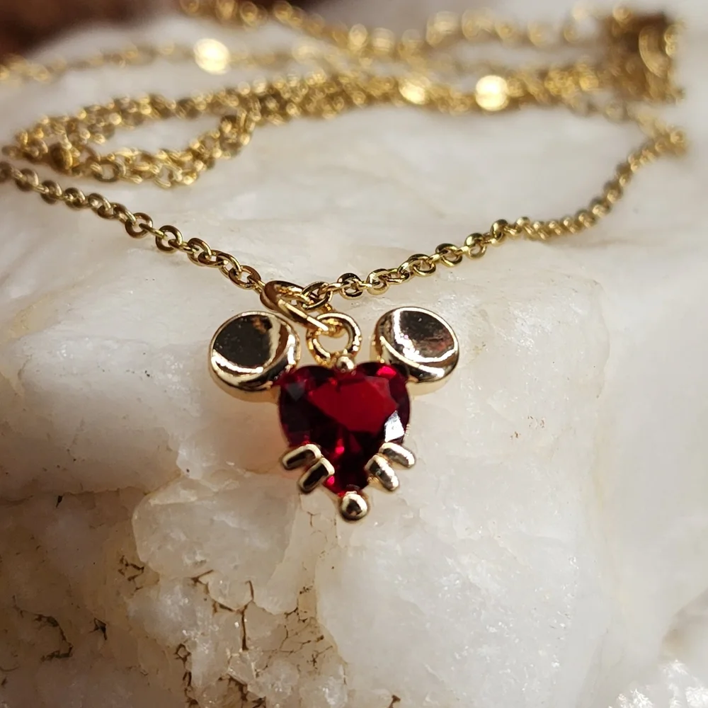 Mickey Mouse Red Heart Swarovski Crystal Luxury 14K Gold Plated Chain